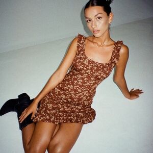 Motel Rocks Felirose Asymmetrical Slip Dress Brown Floral Sundress Sun Dress M